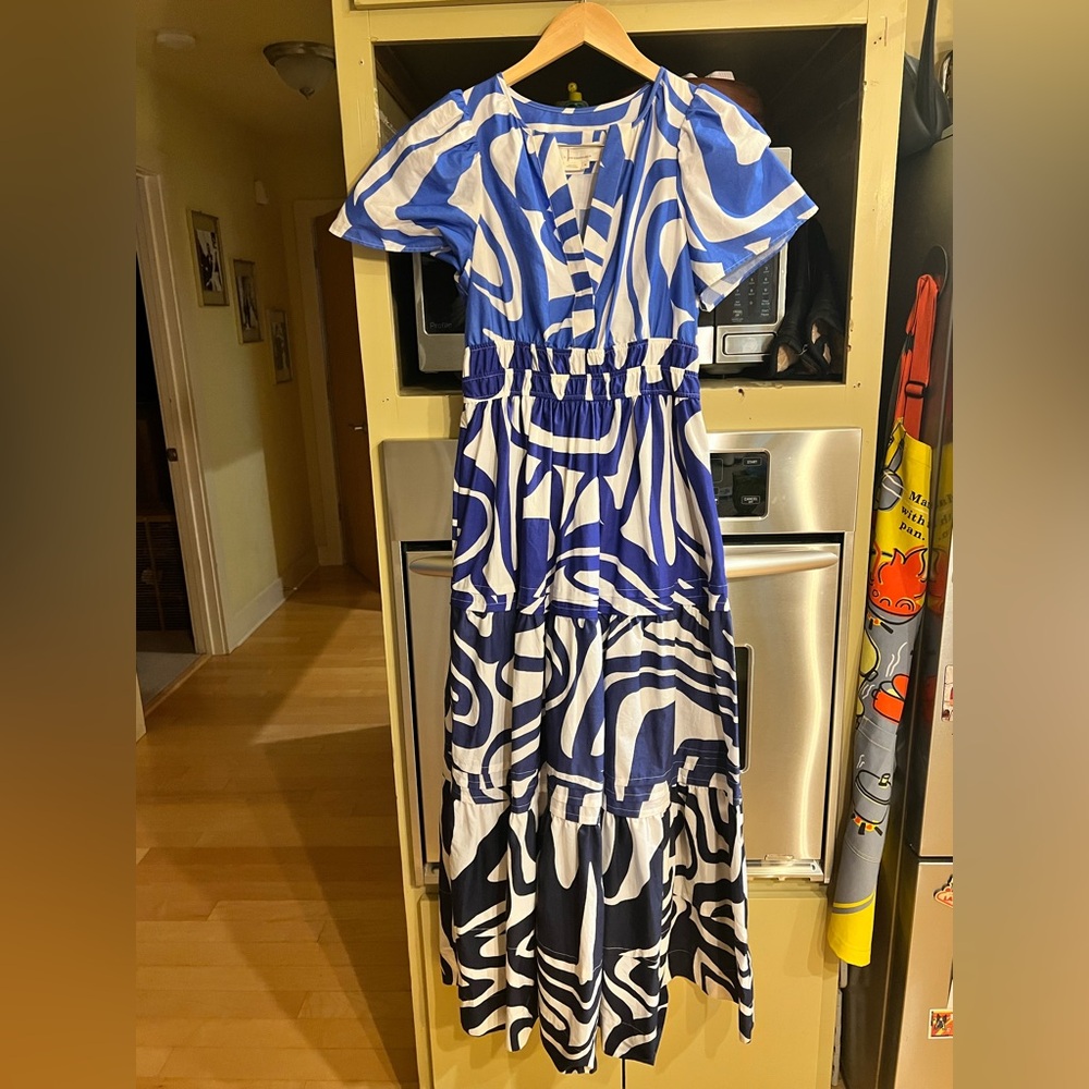 Anthropologie Blue and White Abstract Maxi Dress